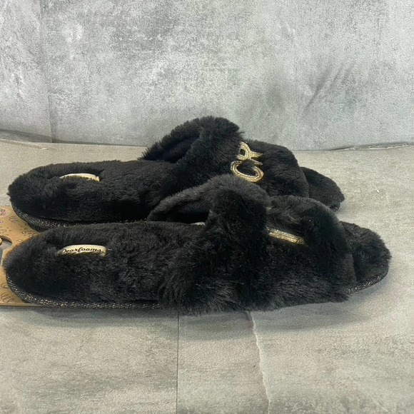 Dearfoams Women's Black Faux-Fur Memory Foam I do Crew Slide Slippers SZ XL - Picture 6 of 10